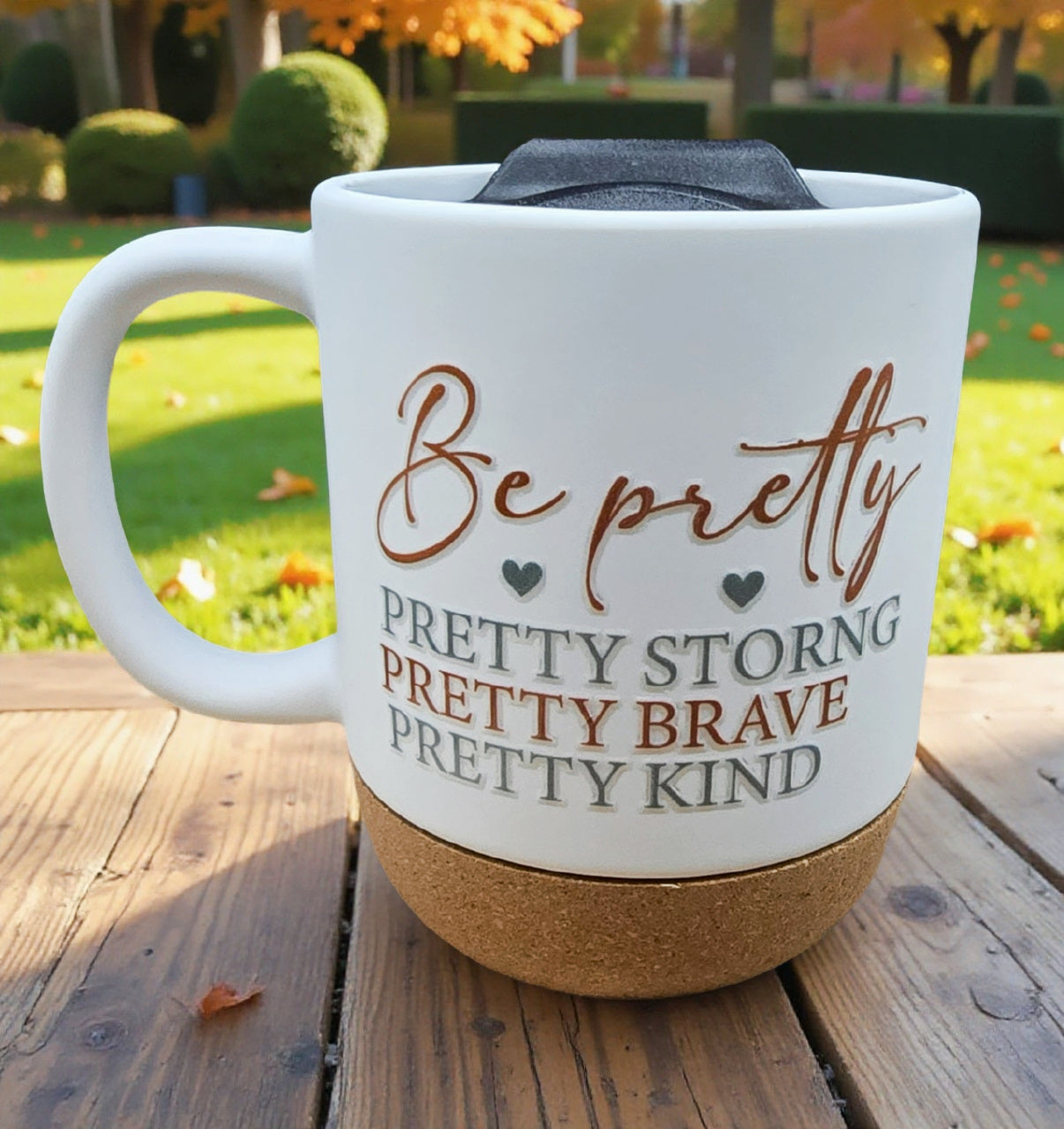 Ceramic Coffee Mug with Wooden Cork Bottom & Plastic Lid (15 oz)