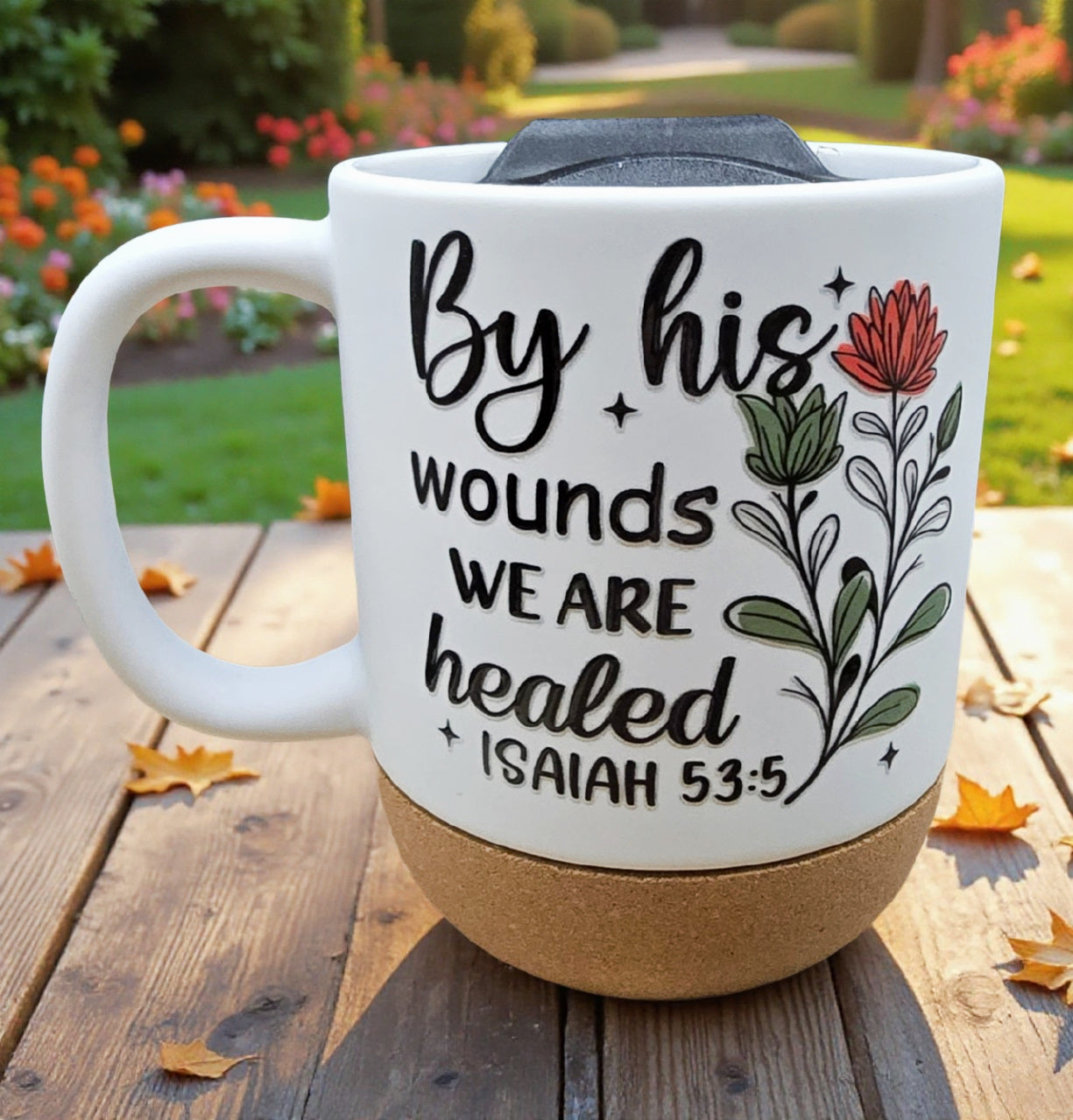 Ceramic Coffee Mug with Wooden Cork Bottom & Plastic Lid (15 oz)