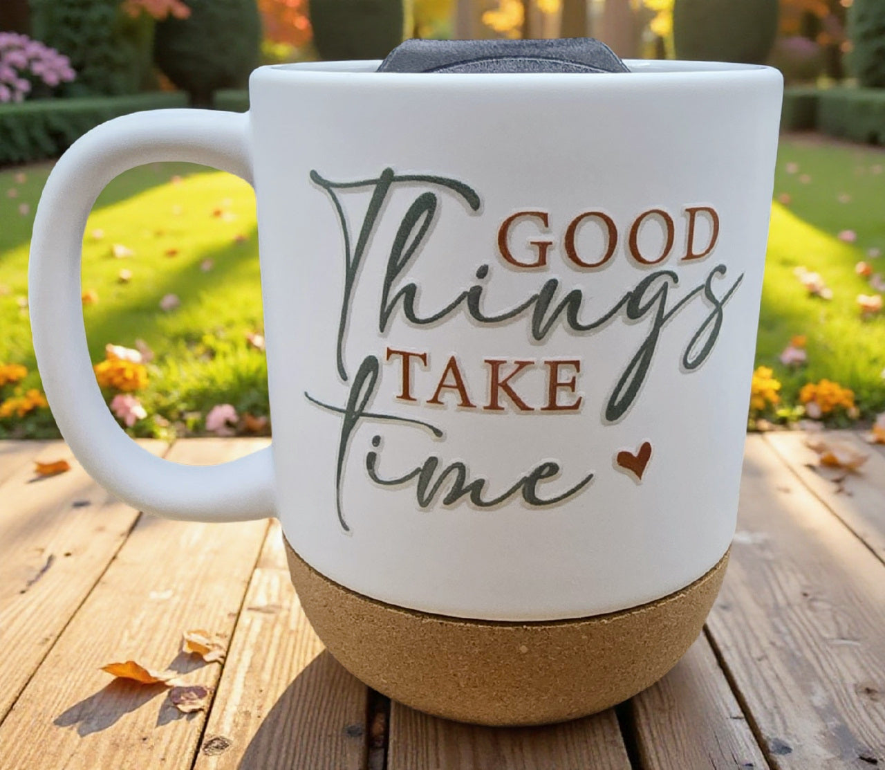Ceramic Coffee Mug with Wooden Cork Bottom & Plastic Lid (15 oz)