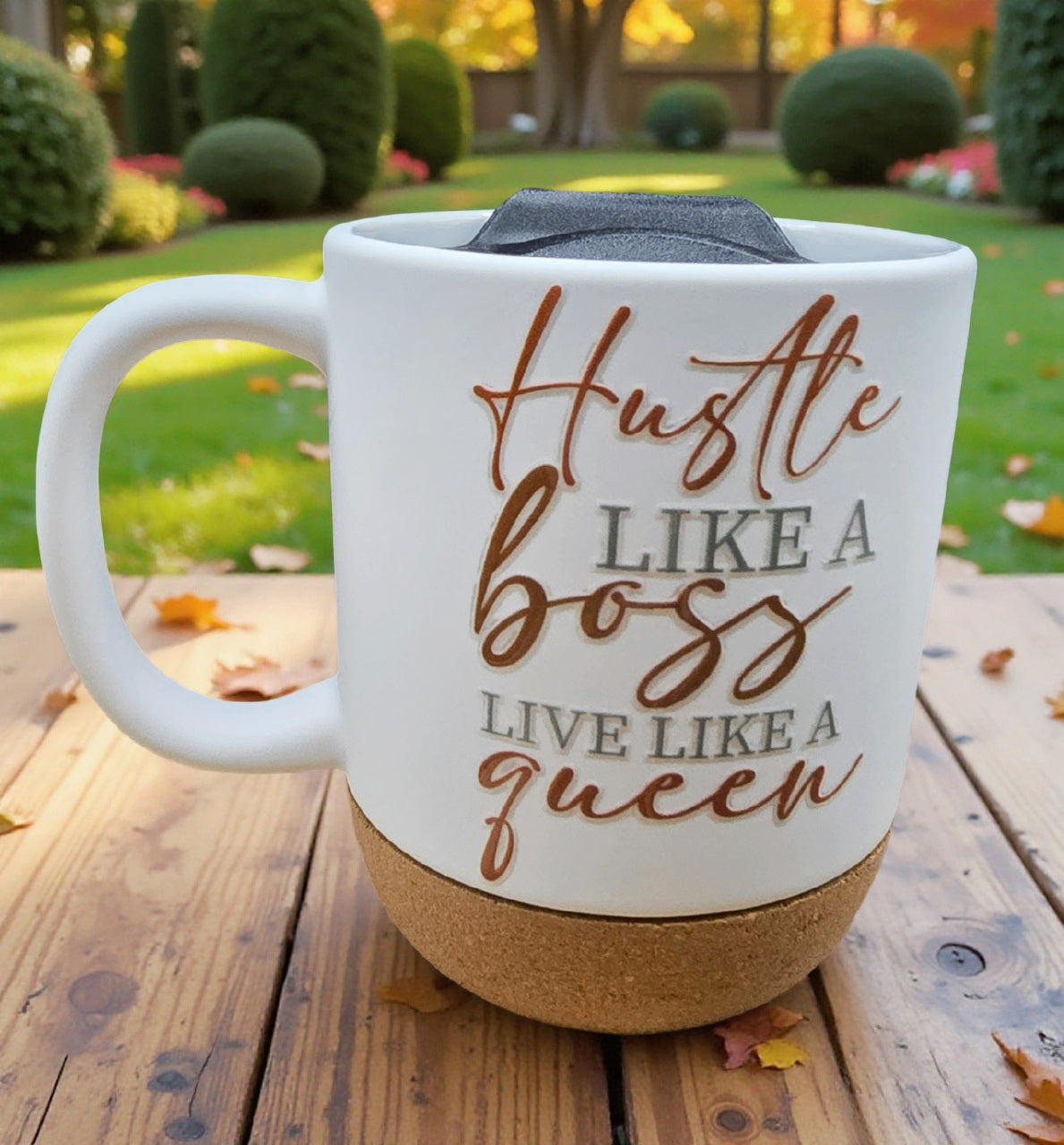 Ceramic Coffee Mug with Wooden Cork Bottom & Plastic Lid (15 oz)