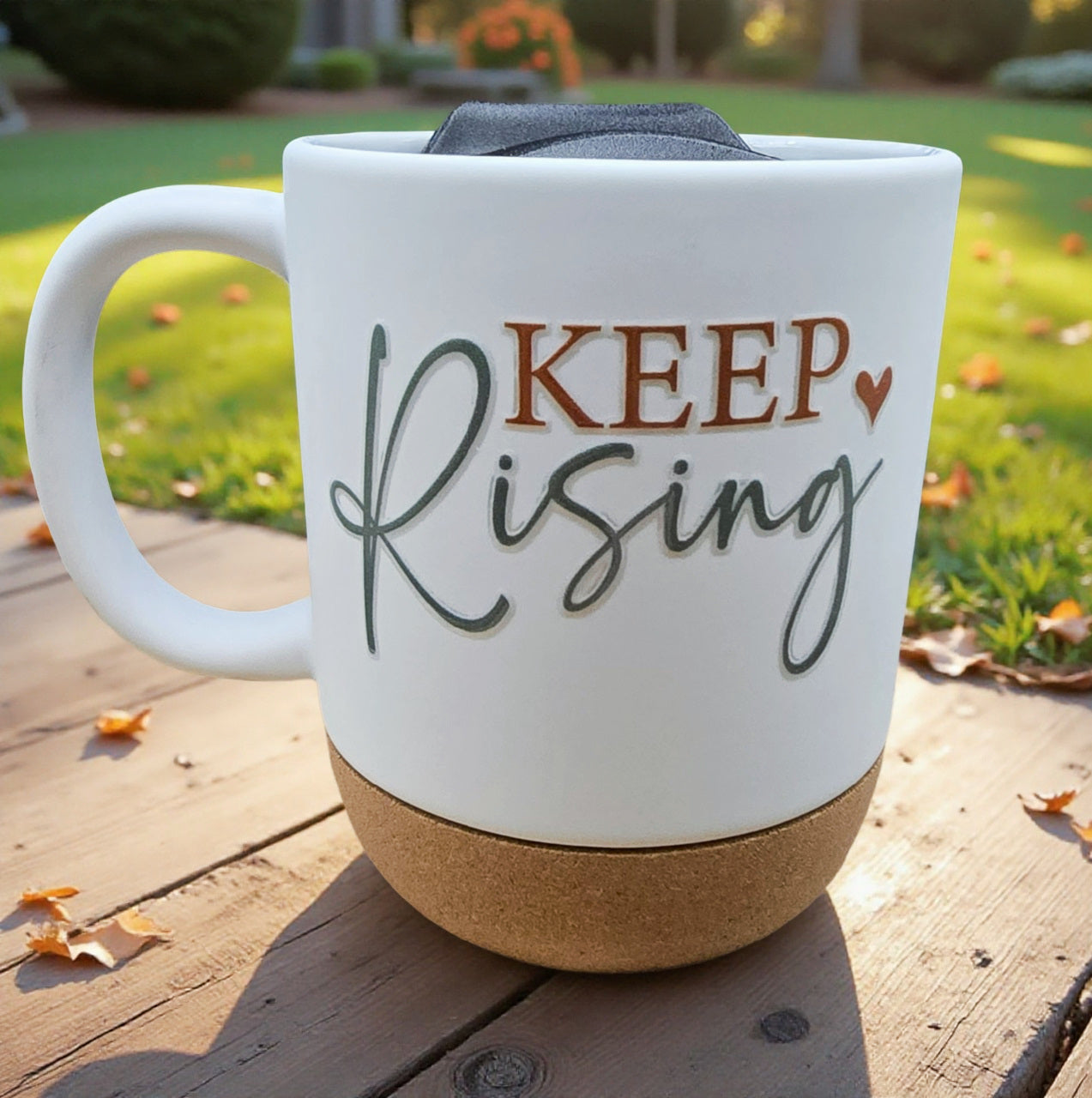 Ceramic Coffee Mug with Wooden Cork Bottom & Plastic Lid (15 oz)
