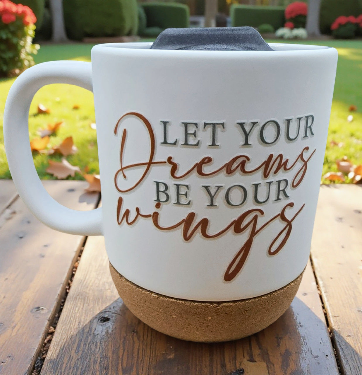 Ceramic Coffee Mug with Wooden Cork Bottom & Plastic Lid (15 oz)