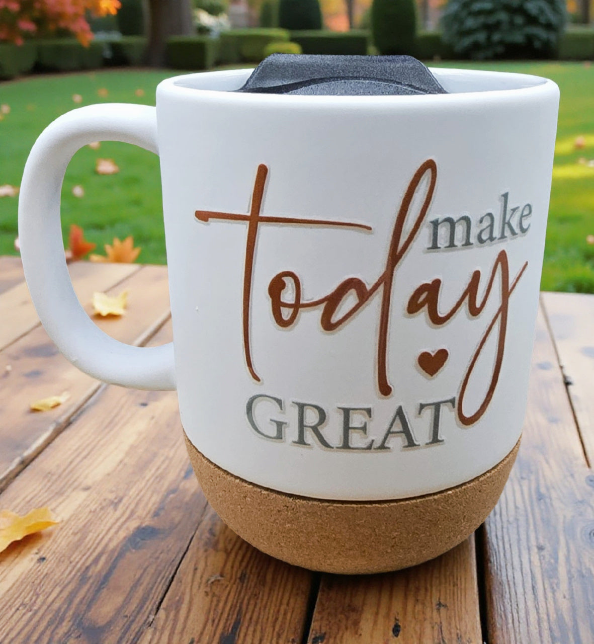 Ceramic Coffee Mug with Wooden Cork Bottom & Plastic Lid (15 oz)