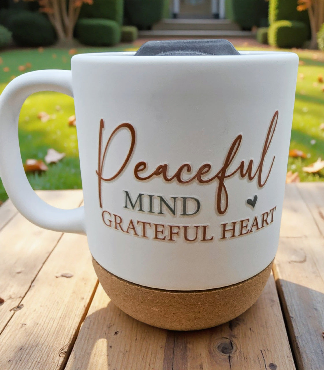 Ceramic Coffee Mug with Wooden Cork Bottom & Plastic Lid (15 oz)