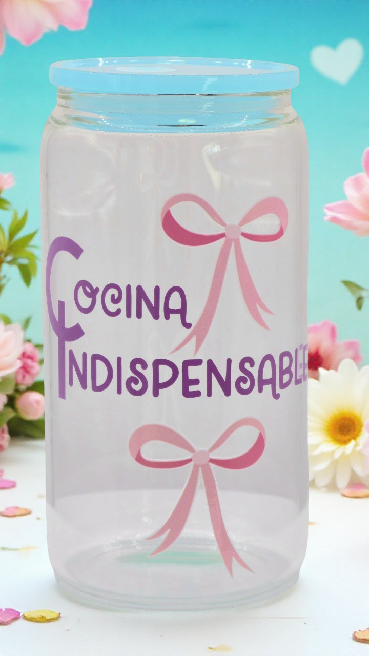 Cute Pinky Bow with Blue Lid | Glass Cup with Acrylic Lids and Glass Straw Handmade with Love