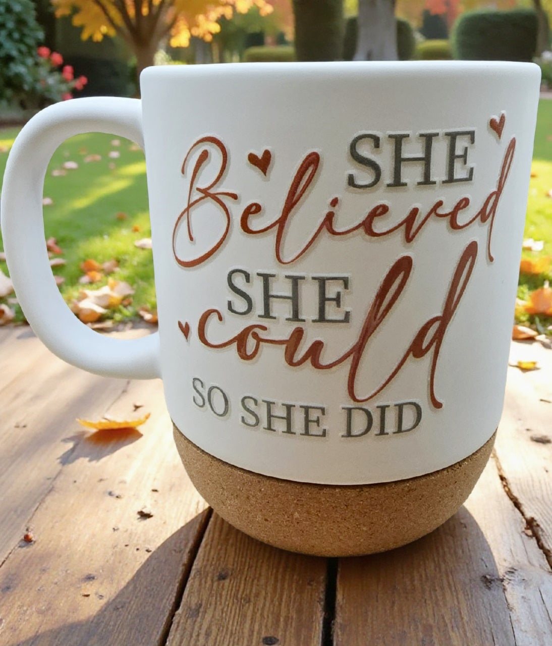 Ceramic Coffee Mug with Wooden Cork Bottom & Plastic Lid (15 oz)