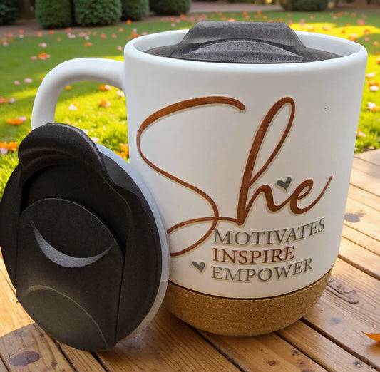 Ceramic Coffee Mug with Wooden Cork Bottom & Plastic Lid (15 oz)