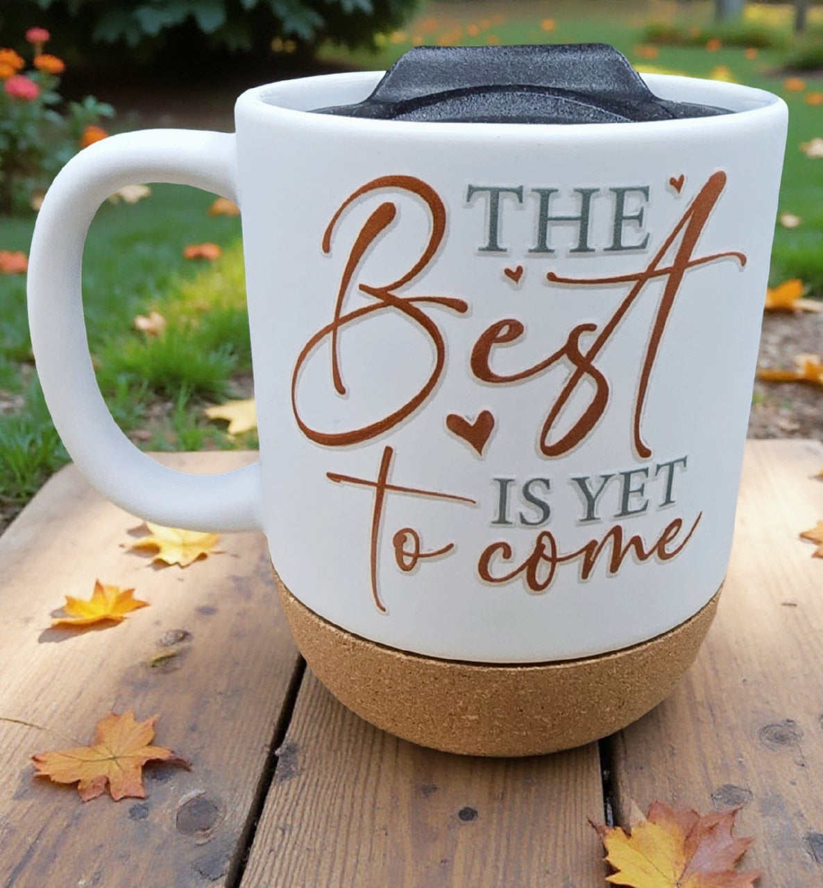 Ceramic Coffee Mug with Wooden Cork Bottom & Plastic Lid (15 oz)