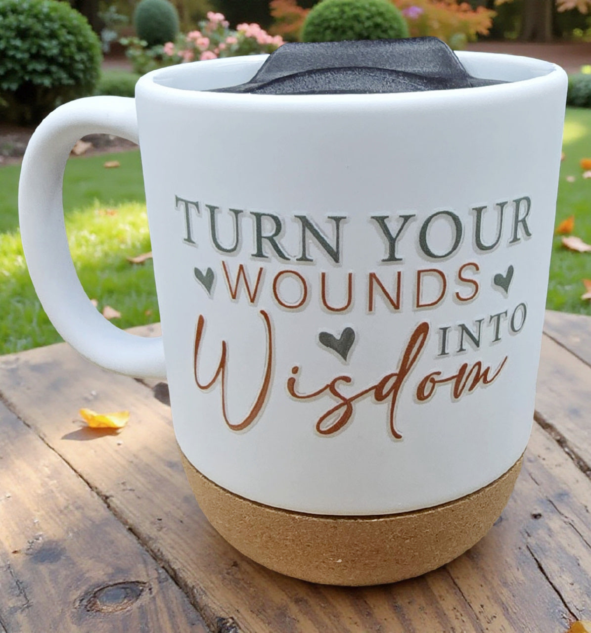 Ceramic Coffee Mug with Wooden Cork Bottom & Plastic Lid (15 oz)
