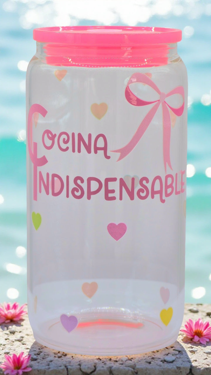 Cute Rainbow Heart with Bow" Glass Cup with Acrylic Lid and Glass Straw Handmade with Love *Pink Lid*