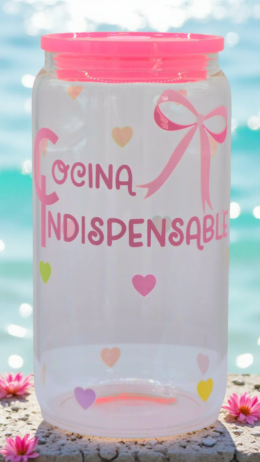 Cute Rainbow Heart with Bow" Glass Cup with Acrylic Lid and Glass Straw Handmade with Love *Pink Lid*