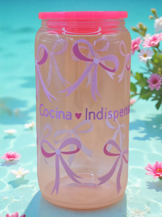 Cute Pink Bow with Pink Lid | Glass Cup with Acrylic Lid and Glass Straw Handmade with Love